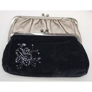 Express Clutch Bags Set Of 2: Black Velvet With Sequin Flower & Metallic Gold Fa